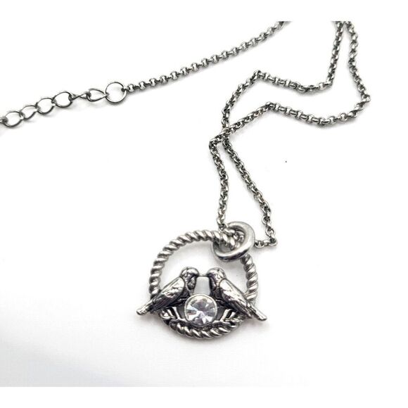 Lia Sophia “Nested” Two Birds w/Cut Crystal Stone Silver Tone Necklace - Picture 4 of 6